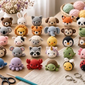 May include: A collection of thirty small, round, crocheted animal figures including a bear, rabbit, cat, dog, fox, panda, koala, lion, tiger, elephant, monkey, frog, pig, cow, sheep, chick, penguin, owl, hedgehog, mouse, raccoon, unicorn, dinosaur, axolotl, whale, octopus, crab, turtle, bee, and ladybug.