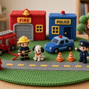 May include: A crochet playset featuring a red fire station with a yellow bell, a blue police station, a red fire truck, a blue police car, a firefighter, a police officer, a dalmatian, a cat in a tree, a fire hydrant, and two orange traffic cones.