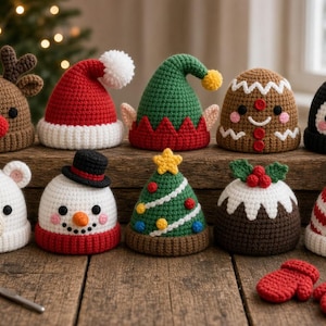 Op de afbeelding: Een verzameling van tien kleine, gehaakte items met een vakantiethema, waaronder een rendier, kerstmuts, elfenmuts, peperkoekmannetje, pinguïn, ijsbeer, sneeuwpop, kerstboom, pudding en een gestreepte muts, plus een paar rode wanten.