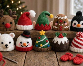 Crochet Christmas Character Hat Bundle, 10 Baby to Adult Beanies, Bonus Mittens (PDF Pattern)
