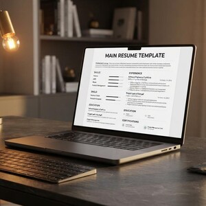 May include: A laptop displaying a document titled MAIN RESUME TEMPLATE on its screen. The laptop is placed on a dark desk next to a wireless keyboard and a glass of water with a lime slice. A gold desk lamp is positioned to the left of the laptop.