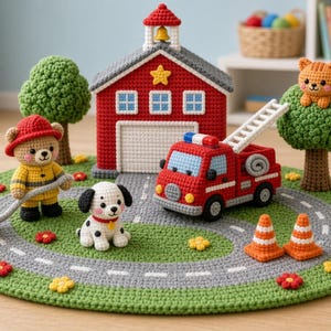 May include: A crochet playset featuring a red fire station, a red fire truck with a ladder, a bear firefighter, a dalmatian dog, two orange traffic cones, a yellow fire hydrant, and two green trees on a circular green mat with a gray road.