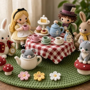 Pode incluir: Uma coleção de figuras amigurumi de crochê, incluindo uma menina com vestido amarelo, um chapeleiro com cartola, um coelho branco com relógio de bolso, um coelho castanho e um gato cinzento à volta de uma mesa com toalha xadrez vermelha.