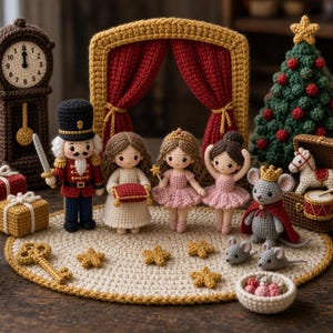May include: A collection of crocheted figures including a grandfather clock, nutcracker, two dolls in dresses, a ballerina, a mouse king, a rocking horse, and two soldiers. The scene features a stage with red curtains, a Christmas tree, and gifts.