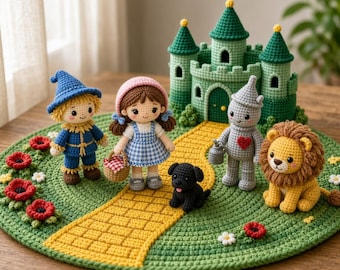 May include: A set of crochet dolls featuring a blue-hatted scarecrow, a girl in a blue gingham dress with a basket, a silver robot with a red heart, a lion, and a black dog, all standing on a green mat with a yellow brick road and a green castle.