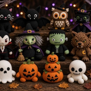 May include: A collection of crocheted Halloween figures including a black cat, bat, owl, witch, vampire, Frankenstein monster, werewolf, ghost, skull, and stacked pumpkins. The figures are arranged on a wooden surface with autumn leaves.