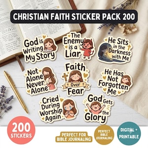 May include: A collection of eight die-cut stickers featuring cartoon illustrations and religious text including God is Writing My Story, The Enemy is a Liar, He Sits in the Darkness with Me, Not Alone Never Alone, Faith Over Fear, He Has Not Forgotten Me, Cried During Worship Again, and God Gets the Glory.