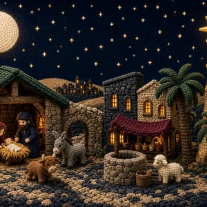May include: A crochet nativity scene featuring a stable with figures of a person in a purple robe, a person in a blue robe, and a baby in a manger. Includes a donkey, a cow, a sheep, a stone well, a palm tree, and a tall tower with a star.