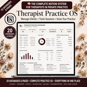 Pode incluir: Um painel digital intitulado Therapist Practice OS exibido na tela de um laptop, com seções para gerenciamento de clientes, rastreamento de sessões, visão geral de receita e listas de tarefas. A interface inclui 20 bancos de dados.