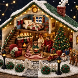 Puede incluir: Una casa en miniatura de ganchillo detallada con techo verde, un dormitorio con cama y una sala de estar con chimenea, árbol de Navidad y una familia de muñecos. Fuera, un muñeco de nieve, un Santa en trineo con renos y una valla blanca.
