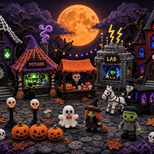 May include: A detailed crochet Halloween village scene featuring a purple house, a potions shop, a lab, and a red castle. The display includes small crocheted figures of a ghost, a witch, a monster, and a skeleton in a carriage, with orange pumpkins.