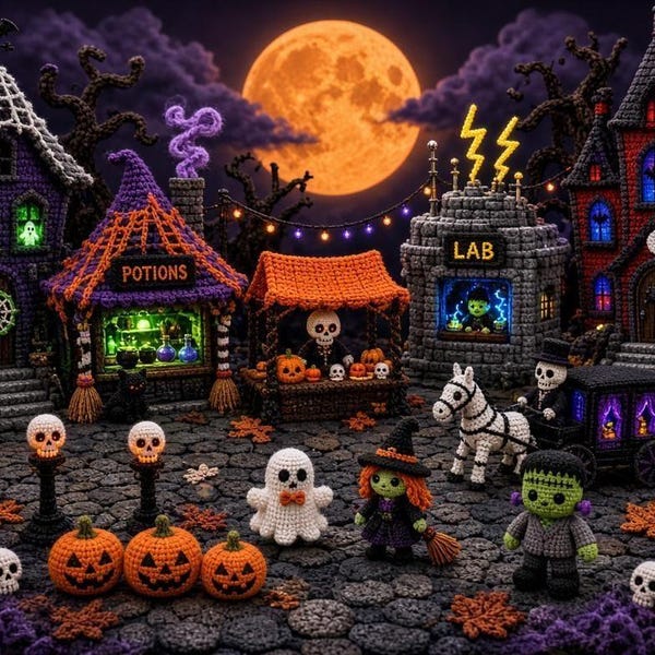 May include: A detailed crochet Halloween village scene featuring a purple house, a potions shop, a lab, and a red castle. The display includes small crocheted figures of a ghost, a witch, a monster, and a skeleton in a carriage, with orange pumpkins.