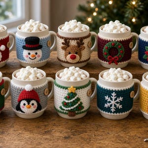 May include: Ten ceramic mugs filled with hot cocoa and marshmallows, each featuring a unique, removable crochet cozy. Designs include Santa, a snowman, reindeer, wreath, poinsettia, gingerbread person, penguin, Christmas tree, snowflake, and gift.
