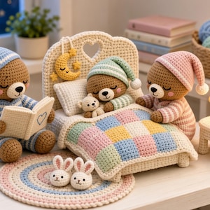 Könnte beinhalten: Drei gehäkelte Teddybären in Schlafanzügen, einer liest ein Buch, einer schläft in einem Bett mit Patchwork-Decke und einer steht. Enthält ein kleines gehäkeltes Bett, einen runden Teppich, zwei Hasenhausschuhe, einen Nachttisch und eine Lampe.