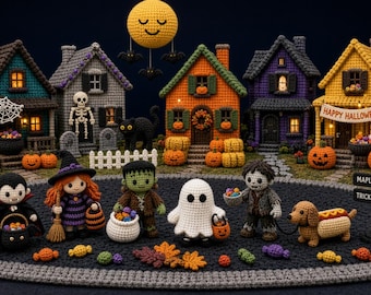 Op de afbeelding: Een verzameling gehaakte Halloween-items, waaronder vijf kleine huisjes met verlichte ramen, een gele maan en zes figuren: een vampier, een heks, een monster, een spook, een zombie en een teckel in een hotdogkostuum.