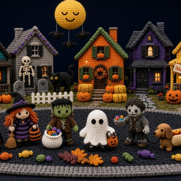 May include: A collection of crocheted Halloween-themed items including five small houses with lit windows, a yellow moon, and six figures: a vampire, a witch, a monster, a ghost, a zombie, and a dachshund wearing a hot dog costume.