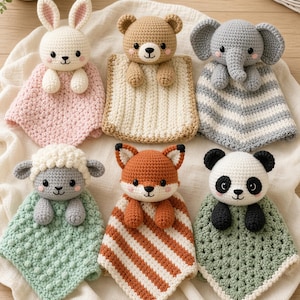 Op de afbeelding: Een verzameling van zes gehaakte knuffeldoekjes met opgevulde dierenkoppen en armen. De personages zijn een wit konijn, een beige beer, een grijze olifant, een grijs schaap, een oranje vos en een zwart-witte panda, elk bevestigd aan een vierkant dekentje met een unieke textuur of patroon.