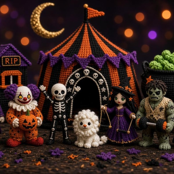 May include: A collection of crocheted Halloween figures including a ringmaster, a clown with a pumpkin, a skeleton, a white fluffy creature, a witch, a green monster, and a pumpkin character, all positioned before a striped tent and a cauldron.