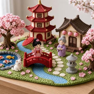 Op de afbeelding: Een gehaakt diorama met een rode pagode, een klein huis, twee figuren, een brug, een blauwe beek, een vijver met drie vissen, een witte kat en twee kersenbloesembomen met roze bloemen op een groene ondergrond met witte stenen.