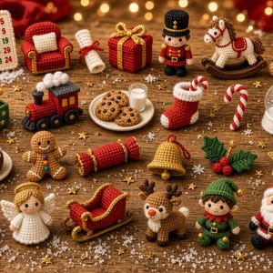 May include: A collection of miniature crochet Christmas ornaments including a calendar, armchair, gift, nutcracker, rocking horse, teddy bear, jack-in-the-box, train, cookies, stocking, candy cane, snow globe, pudding, gingerbread man, cracker, bell, holly, star, bauble, angel, sleigh, reindeer, elf, and Santa Claus.