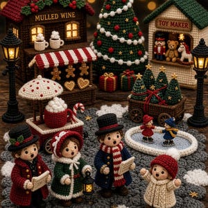May include: A collection of crocheted Christmas village items including a Mulled Wine shop, a Toy Maker shop, a decorated tree, a cart with small trees, two street lamps, and four figures singing, with two small figures ice skating on a pond.
