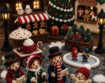 May include: A collection of crocheted Christmas village items including a Mulled Wine shop, a Toy Maker shop, a decorated tree, a cart with small trees, two street lamps, and four figures singing, with two small figures ice skating on a pond.