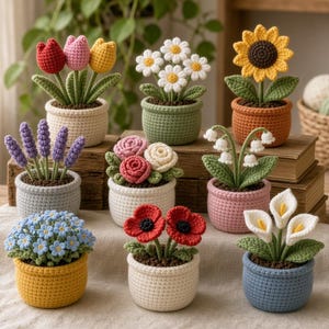 May include: A collection of nine small crocheted potted plants featuring various flowers including tulips, daisies, a sunflower, lavender, roses, lily of the valley, forget-me-nots, poppies, and calla lilies, each in a unique yarn-covered pot.