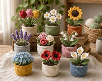 May include: A collection of nine small crocheted potted plants featuring various flowers including tulips, daisies, a sunflower, lavender, roses, lily of the valley, forget-me-nots, poppies, and calla lilies, each in a unique yarn-covered pot.