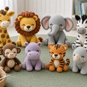 Puede incluir: Una colección de ocho animales de peluche tejidos a ganchillo que incluye una jirafa, león, elefante, cebra, mono, hipopótamo, tigre y rinoceronte, con detalles faciales bordados y mejillas rosadas, sobre una alfombra verde.