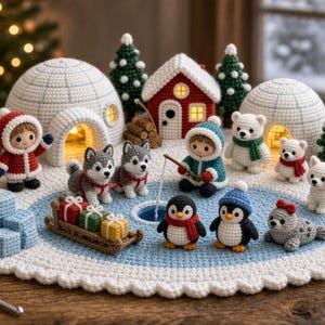 Könnte beinhalten: Eine gehäkelte Winterszene mit zwei weißen Iglus, einem roten Haus und verschiedenen Figuren, darunter zwei Kinder in Parkas, zwei Huskys, ein Eisbär, eine Robbe und zwei Pinguine. Das Set enthält Miniatur-Tannenbäume, einen Schlitten und Lampen.