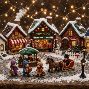 May include: A miniature winter village scene featuring crocheted buildings including a church, a bakery, a toy shop, and a clock tower. The display includes small crocheted figures, a horse-drawn sleigh, and street lamps on a snowy cobblestone base.