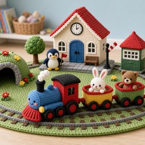 May include: A crochet train set on a green circular mat featuring a blue and red locomotive, a yellow carriage with a white rabbit, and a green carriage with a brown bear. The scene includes a crochet tunnel, a building with a clock, and trees.