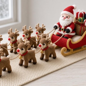 May include: A crochet set featuring Santa Claus in a red and white suit sitting in a red sleigh with gold runners. The sleigh is pulled by six brown reindeer with red collars and small gold bells. A brown sack holds four small wrapped gift boxes.