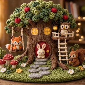 May include: A crochet tree house display featuring a brown trunk with a red door, two yellow windows, and a green canopy with red apples. A white rabbit sits in the doorway, a fox on a swing, an owl on a balcony, and a squirrel with an acorn.