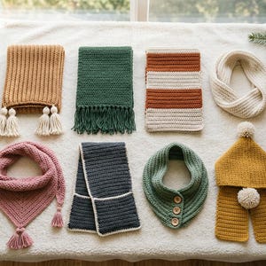 May include: A collection of eight crocheted items including scarves, cowls, and a hat. The set features various colors such as mustard yellow, forest green, rust orange, cream, dusty pink, and charcoal gray, with details like tassels, buttons, and pom-poms.