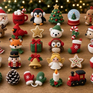 May include: A collection of twenty-five small, crocheted Christmas ornaments featuring various holiday themes including Santa Claus, a cocoa mug, a penguin, a tree, a gingerbread person, a reindeer, a cardinal, a star, a polar bear, a candy cane, a hedgehog, a snowman, a fox, a gift, an owl, a stocking, a mouse in a cup, a house, a nutcracker, a bell, an angel, a star cookie, a cupcake, a wreath, a pinecone, mittens, a candle, a train, and a striped ball.