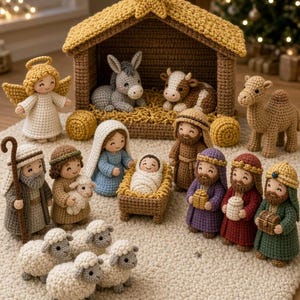 Peut inclure: Un ensemble de nativité au crochet comprenant une étable avec une étoile jaune, un ange, Marie, Joseph, l'enfant dans une crèche, trois rois mages, un berger avec un agneau, un âne, une vache, un chameau et quatre petits moutons en laine.