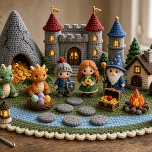 Crochet Dragon Kingdom Village Pattern Bundle, Beginner Amigurumi Castle Set (PDF Download)