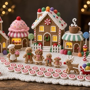 Virkat pepparkaksbymönster, amigurumi-godishus, juldekorationspaket (PDF)