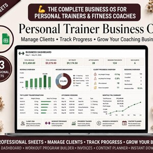 Puede incluir: Una pantalla de portátil que muestra un panel de "Personal Trainer Business OS" con iconos de Excel y Google Sheets. La interfaz muestra ingresos, progreso de clientes y datos de sesiones. El texto incluye "The Complete Business OS for Personal Trainers & Fitness Coaches" y "23 Professional Sheets."