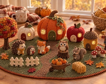 May include: A collection of crocheted autumn-themed items on a green circular mat, including pumpkin houses with glowing windows, a tree, a fox, an owl, hedgehogs, a squirrel, a scarecrow, a wheelbarrow with pumpkins, and small mushrooms.