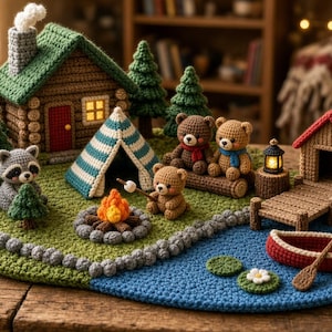Puede incluir: Un diorama de ganchillo que presenta una cabaña de troncos marrón con techo verde, una tienda de campaña a rayas azules y blancas, una fogata y tres ositos de peluche. La escena incluye pinos verdes, un mapache, un pequeño muelle, una canoa roja y una base de agua azul.