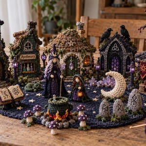 May include: A collection of crocheted miniature buildings, including a tall tower, an apothecary shop, and a cottage, arranged on a dark blue circular rug with star patterns. The scene features a central cauldron, figures, crystals, and a moon.