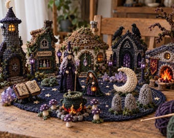 Op de afbeelding: Een verzameling gehaakte miniatuurgebouwen, waaronder een hoge toren, een apotheek en een huisje, gerangschikt op een donkerblauw rond kleed met sterpatronen. De scène bevat een centrale ketel, figuren, kristallen en een maan.