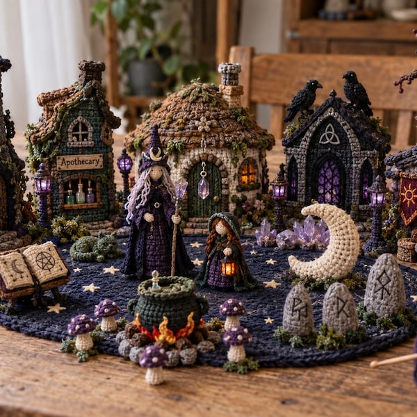 May include: A collection of crocheted miniature buildings, including a tall tower, an apothecary shop, and a cottage, arranged on a dark blue circular rug with star patterns. The scene features a central cauldron, figures, crystals, and a moon.