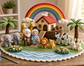 May include: A crochet set featuring a brown ark with a red roof, a colourful rainbow, two palm trees, and various amigurumi figures including two elephants, two giraffes, two zebras, two rabbits, a lion, a cub, and two human figures on a green base.