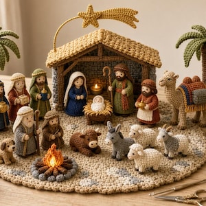 May include: A crochet nativity scene set featuring figures of people, animals, a stable with a star, palm trees, and a well. The set includes a baby in a manger, a camel, sheep, a donkey, a dog, and a campfire, all arranged on a circular mat.