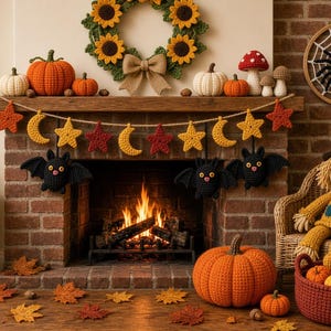 May include: A collection of crocheted autumn and Halloween decorations including a sunflower wreath, ghost figures, pumpkins, mushrooms, a spider web, a star and moon garland, bats, and a scarecrow doll sitting in a wicker chair with a basket.
