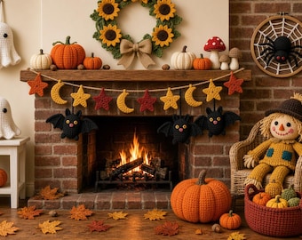 May include: A collection of crocheted autumn and Halloween decorations including a sunflower wreath, ghost figures, pumpkins, mushrooms, a spider web, a star and moon garland, bats, and a scarecrow doll sitting in a wicker chair with a basket.