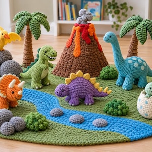 May include: A crochet play mat featuring a green landscape with a blue river, two palm trees, a brown volcano with orange lava, and several crocheted dinosaurs including a yellow pterodactyl, green T-Rex, orange triceratops, purple stegosaurus, and a blue long-neck.